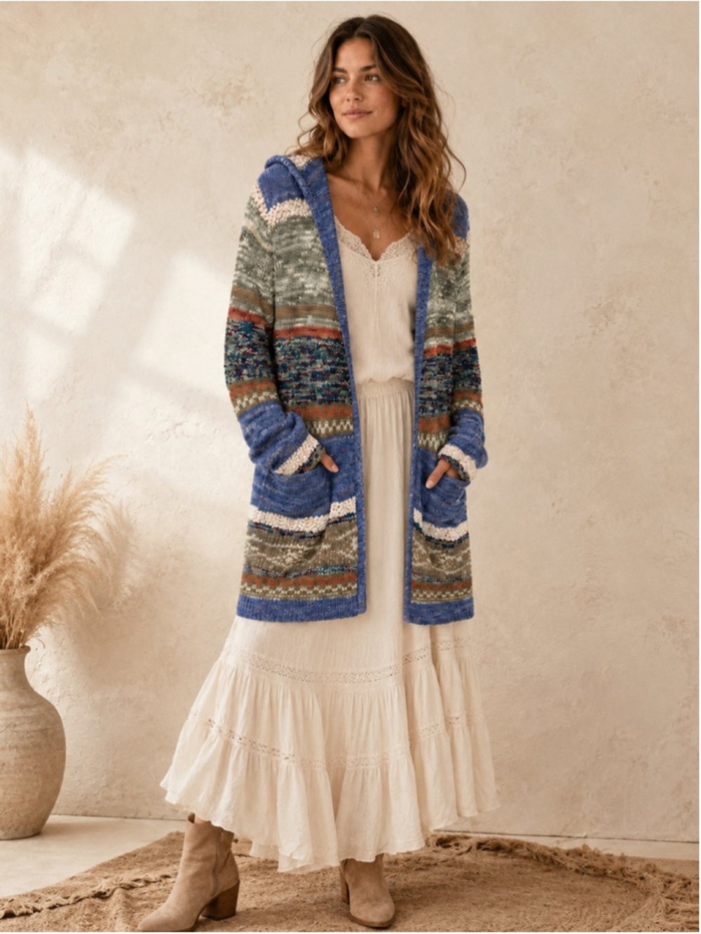 American Rag Multicolor Hooded Cardigan with Blue Trim